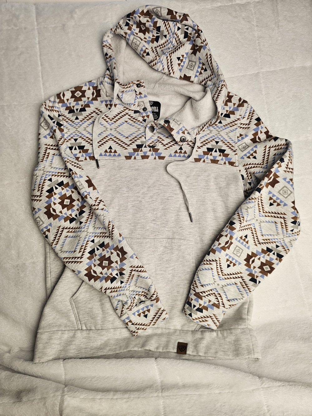 Women's Sz S Hooded Pullover Sweatshirt Gray with Brown & Blue Aztec Pattern